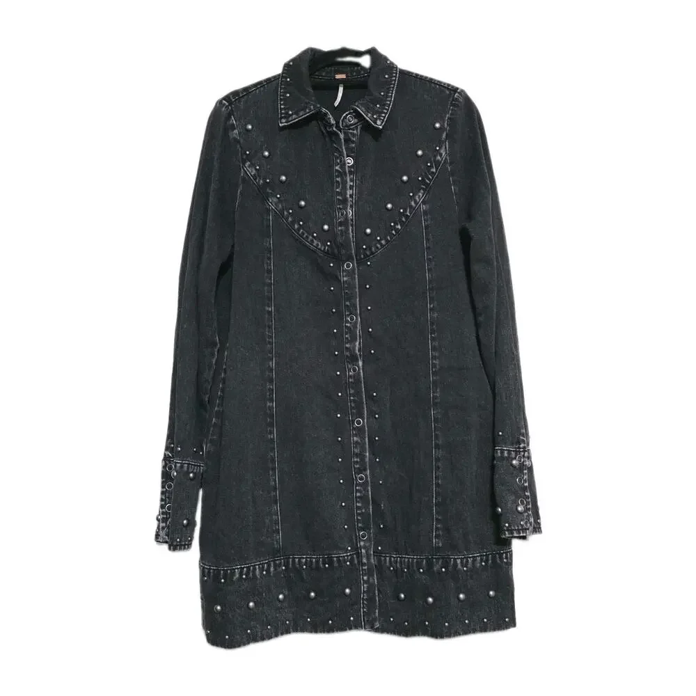 Free People Black Studded Denim Bennet Mini Dress Size M Jacket Grunge Goth Boho
